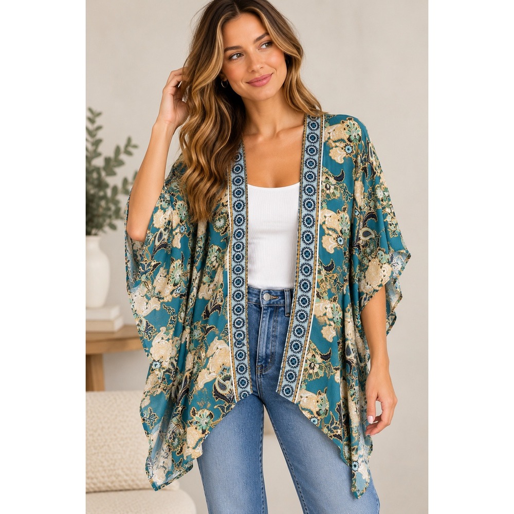 Knox Rose Teal Floral Boho Kimono Open Front Ruana Cardigan XS/S